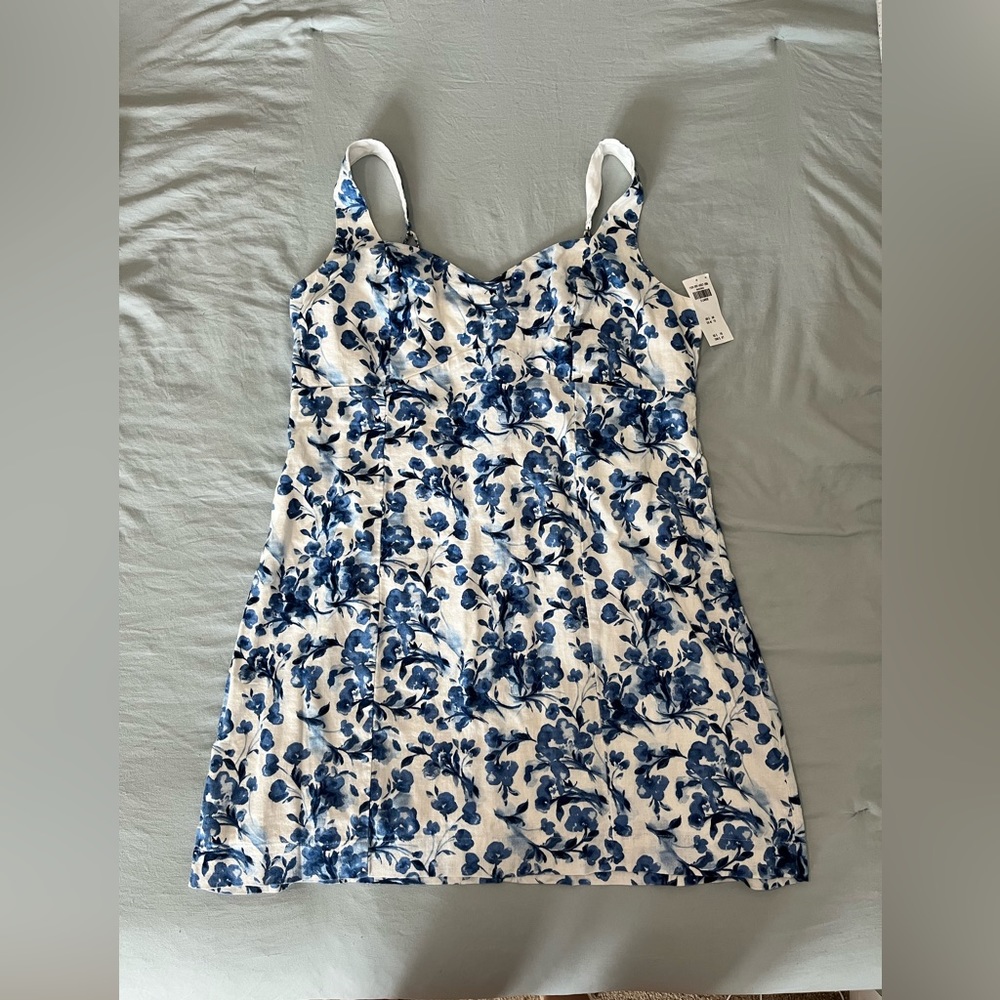 NWT Abercrombie & Fitch Corset Seamed Linen-Blend Mini Dress Navy Print Size XL